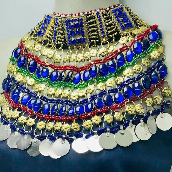 Blue Stone Beads Choker Necklace, Afghan Tribal Choker Necklace, Boho Statement - Picture 6 of 11